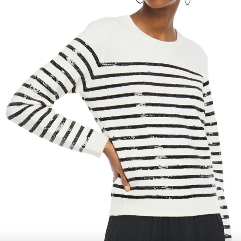 MAJE Sequin-Embellished Striped Knitted Sweater SZ S (MAJE SZ 1) - Cream/Navy